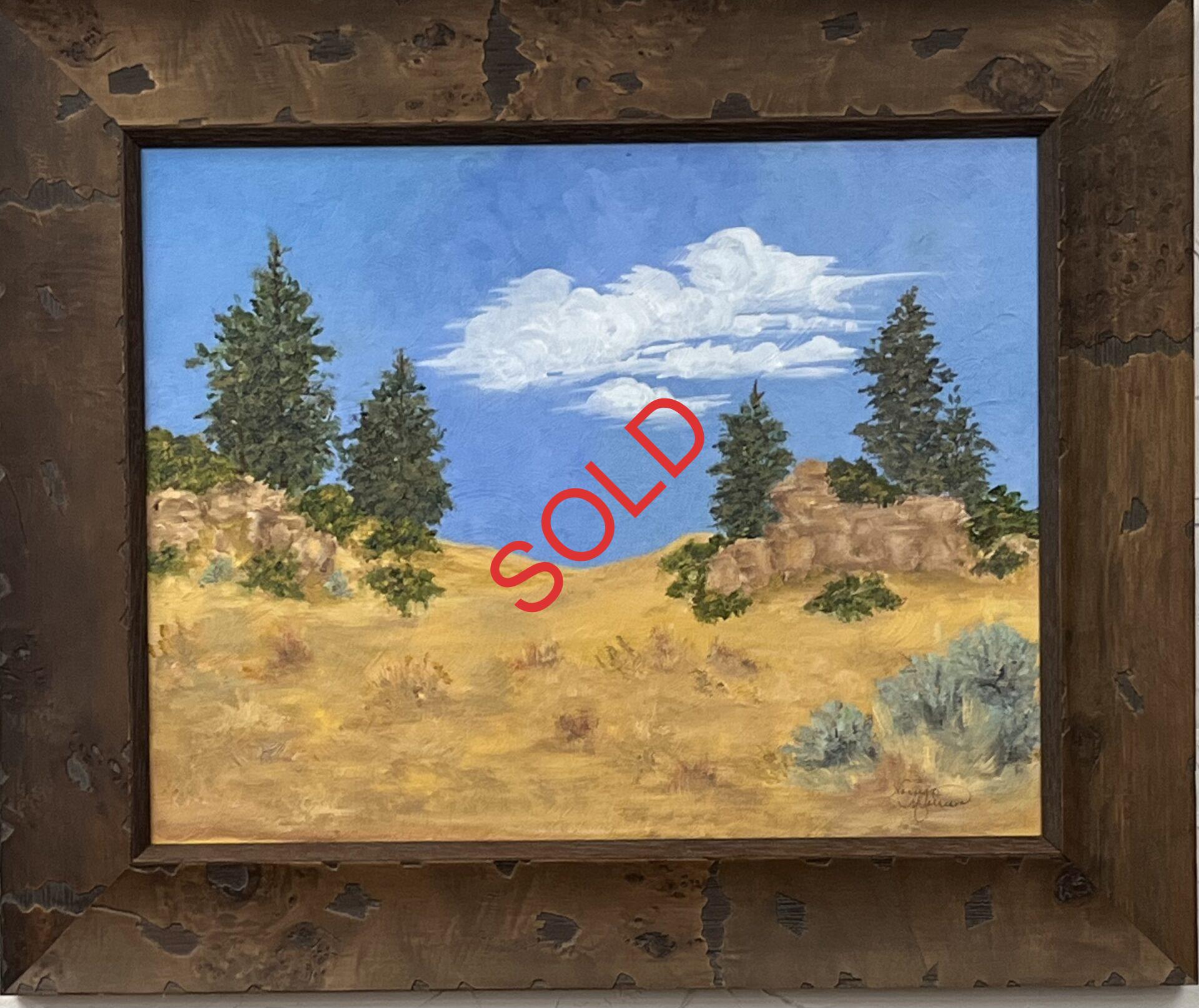 red clouds, blue mountains painting