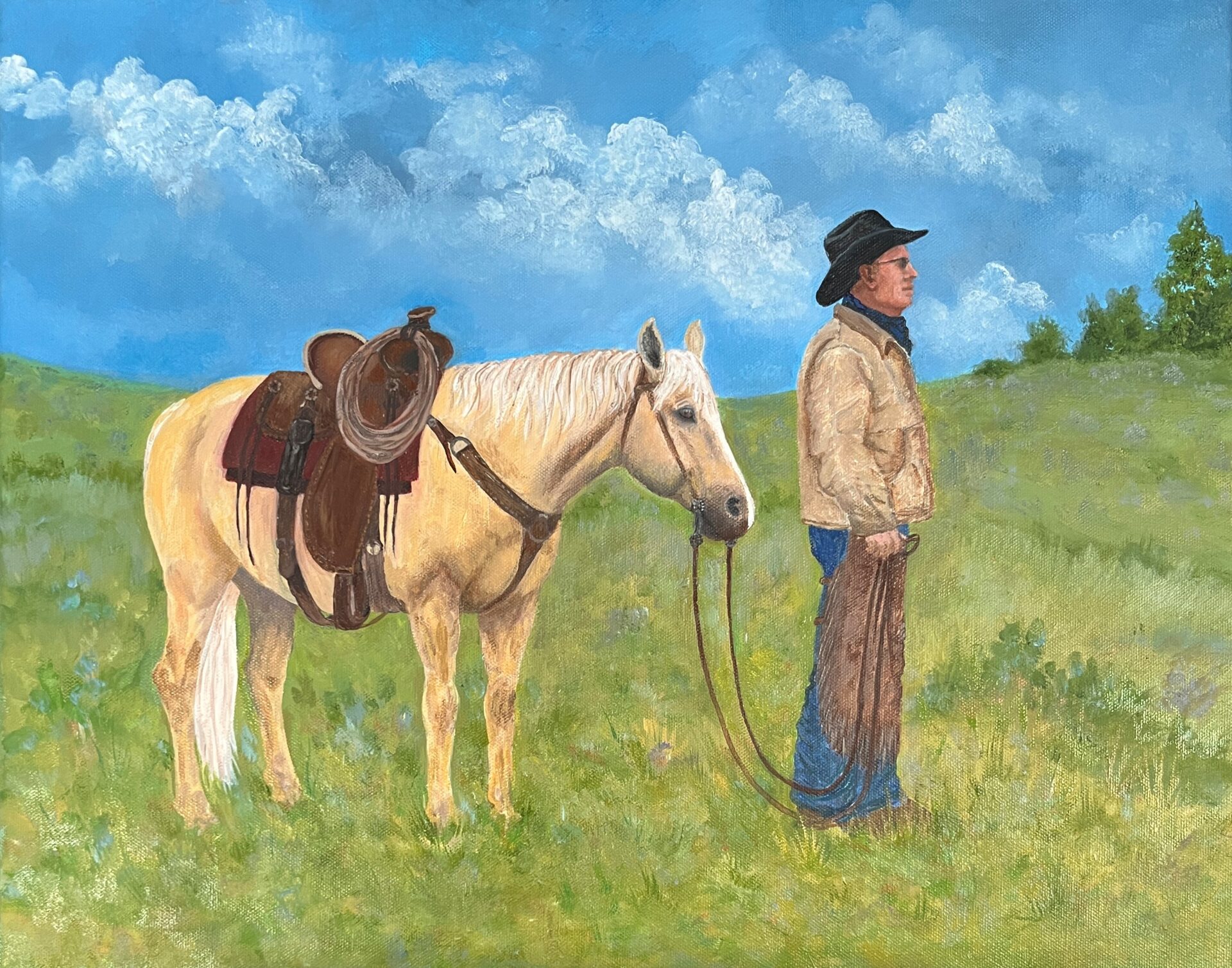 Mike and Gus red clouds, blue mountains painting